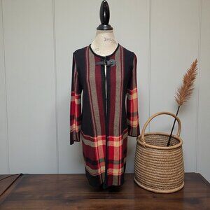 Jones Studio Size L Black Red & Yellow Striped & Plaid Long Hook & Eye Cardigan